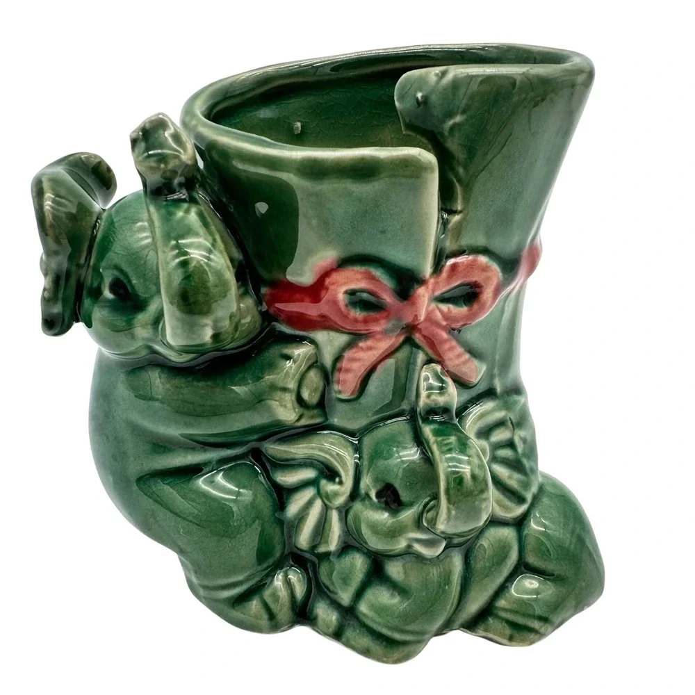 Vintage Elephant Planter Bamboo Boot Vase Green Majolica Glaze Red Bow Japanese